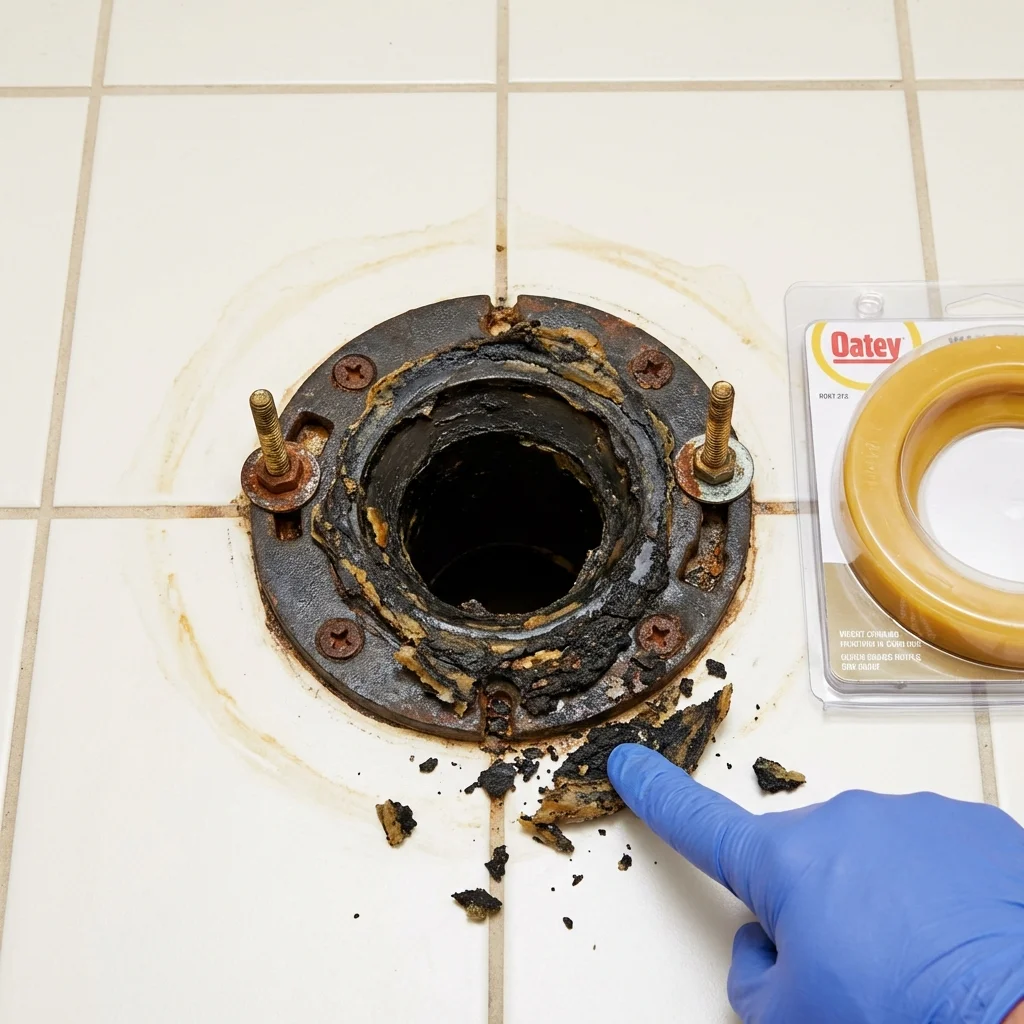Failed wax ring showing water seepage at the base of a toilet in a Ocilla, GA home